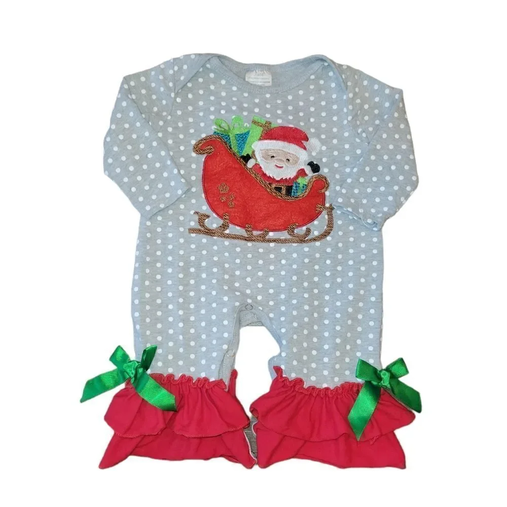 Santa's Sleigh Gray Polka Ruffle Baby Girls Christmas Romper 3-6m